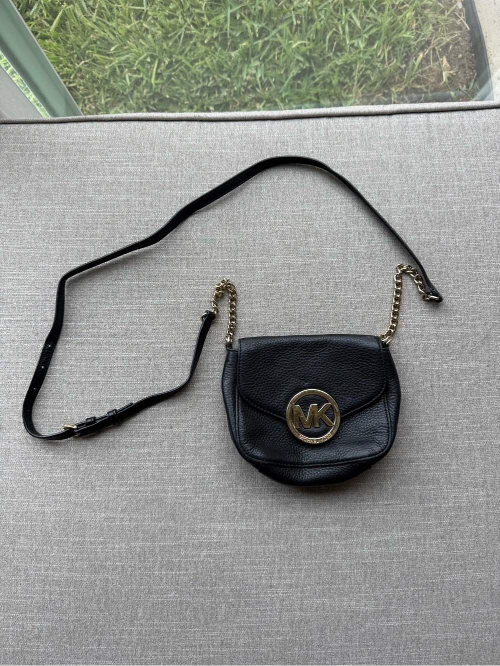 Michael Kors Black Leather Crossbody with Gold MK Emblem